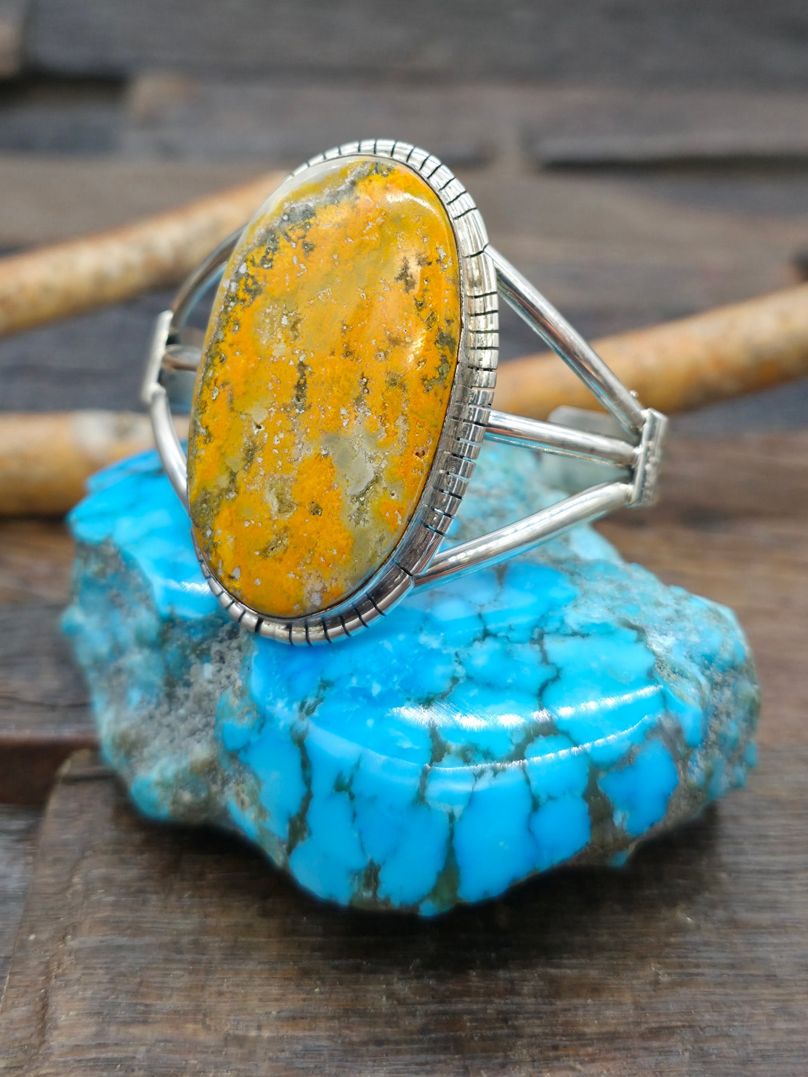 Sterling Silver Bumblebee Jasper Cuff Bracelet by "SE" - 6 1/4 in.