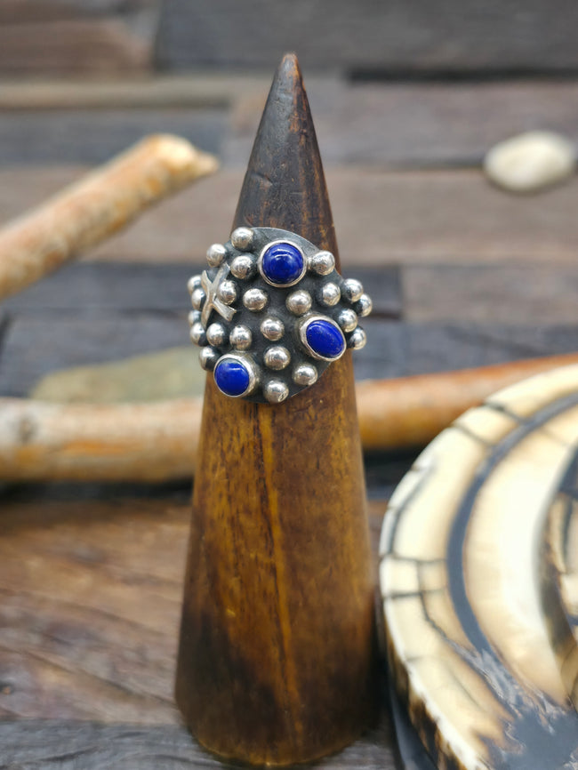 Sterling Silver Cross and Raindrop Lapis Lazuli Ring by Geneva Apachito - Size 8 1/2