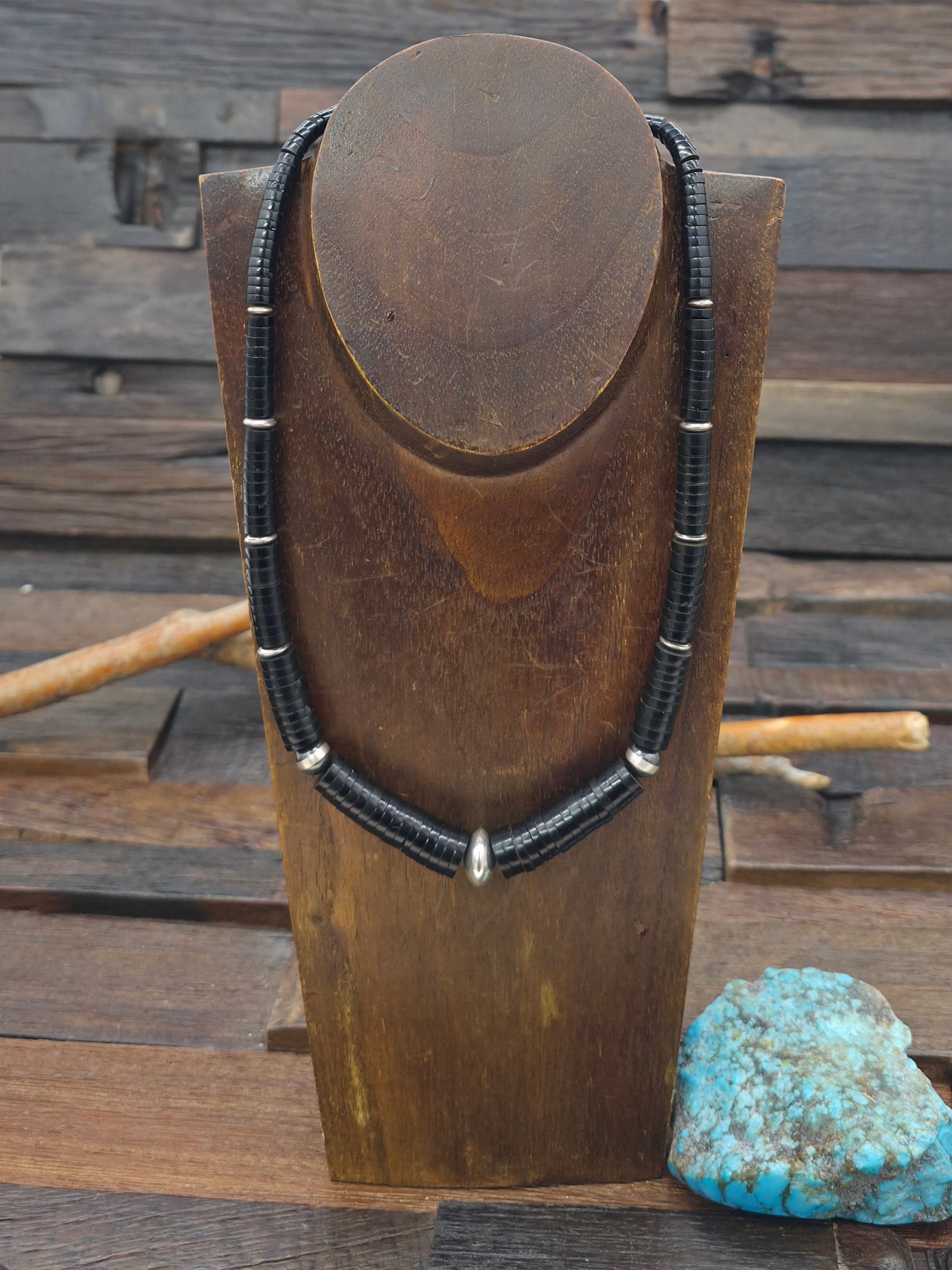 Graduated Jet Heishi Necklace with Sterling Silver Beads - 20 in.