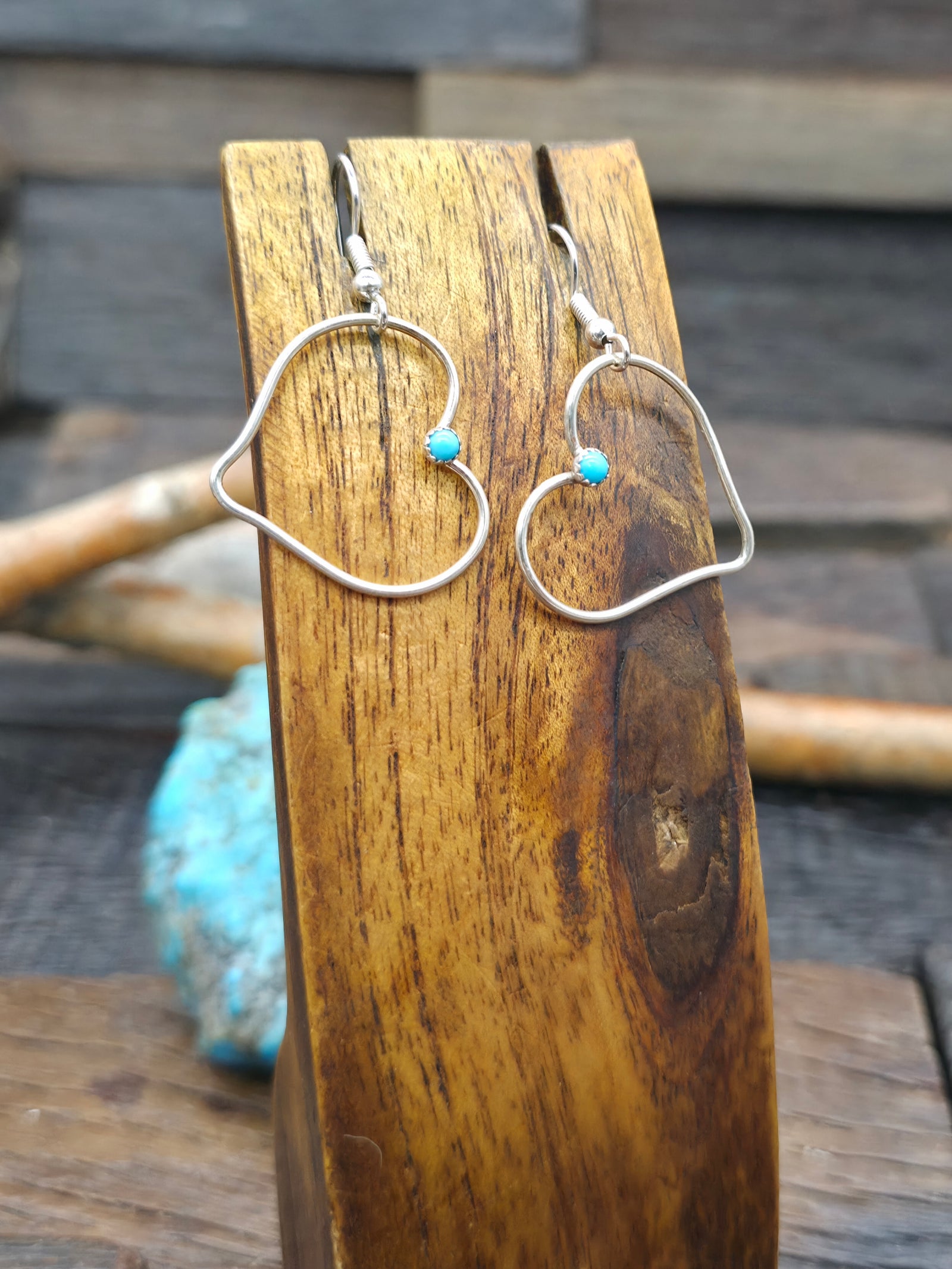Sterling Silver Turquoise Wire Heart Earrings - 1 3/4 in. by 1 in.
