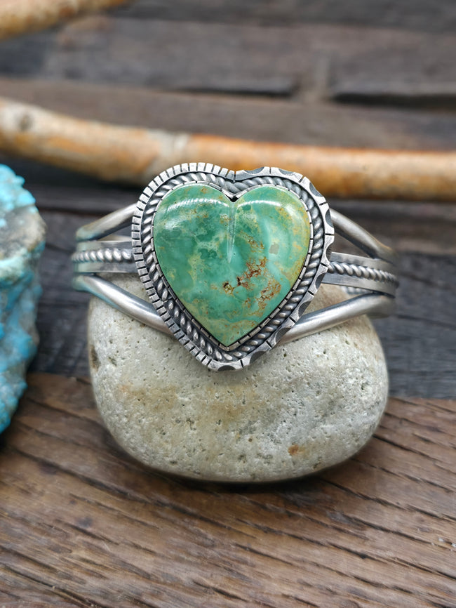 Large Oxidized Sterling Silver Green Kingman Turquoise Heart Cuff by Walter Vandever - 6 1/2 in. with Gap