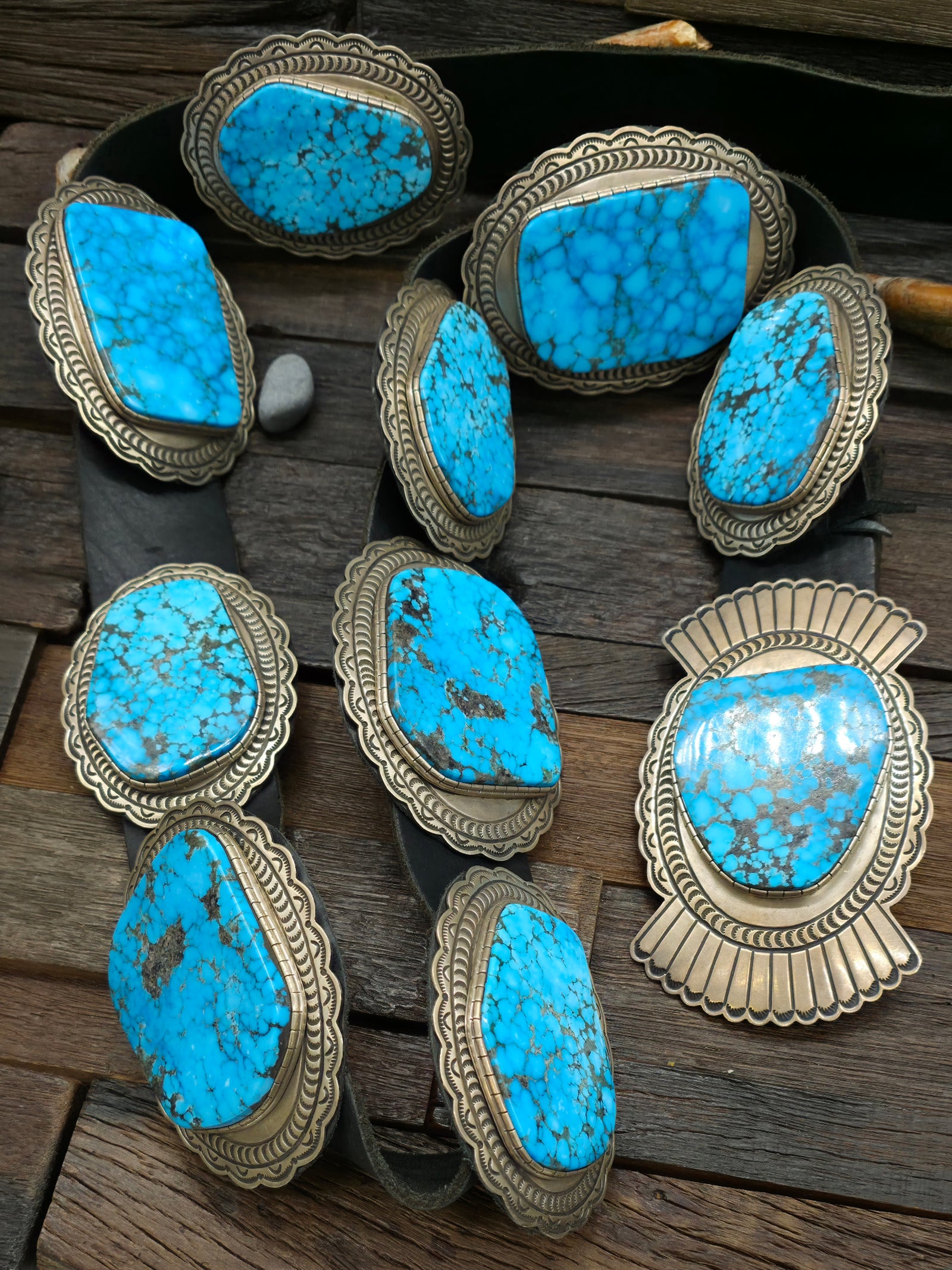 Stamped Sterling Silver Kingman Turquoise Concho Belt by Delbert Delgarito - 60 in.