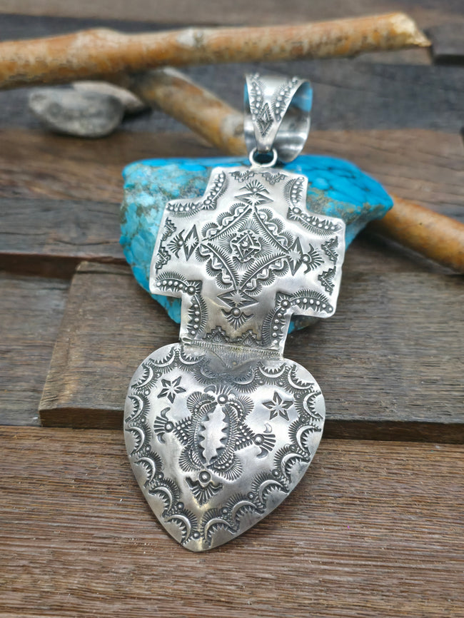 Large Stamped Sterling Silver Sacred Heart Pendant by Vincent Platero - 5 1/4 in. by 2 1/4 in.