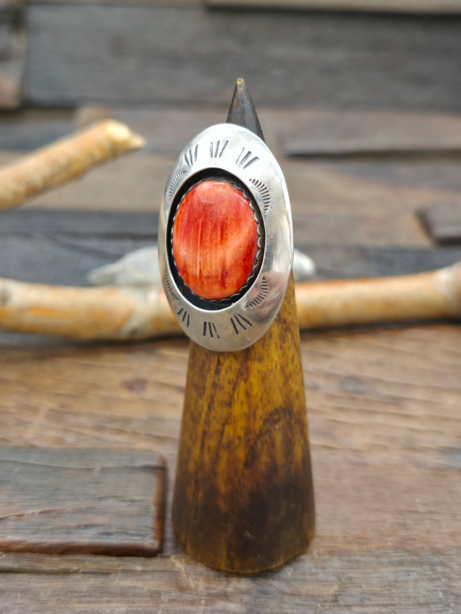 Stamped Sterling Silver Orange Spiny Shadowbox Ring by Lyanne Goodluck - Size 7