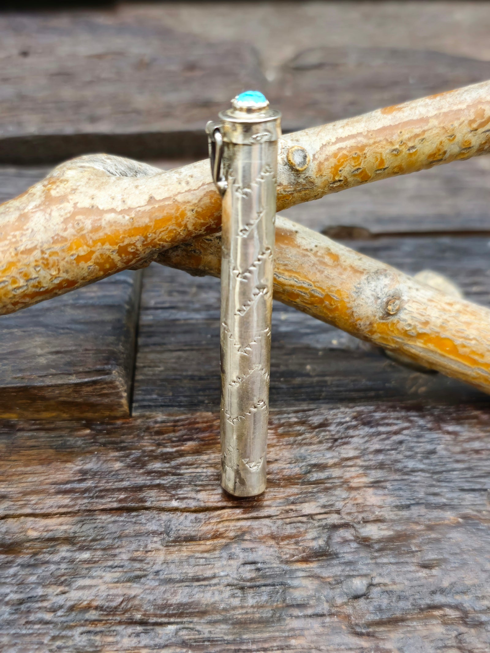 Stamped Sterling Silver Toothpick Holder with Turquoise by Virginia Sandoval