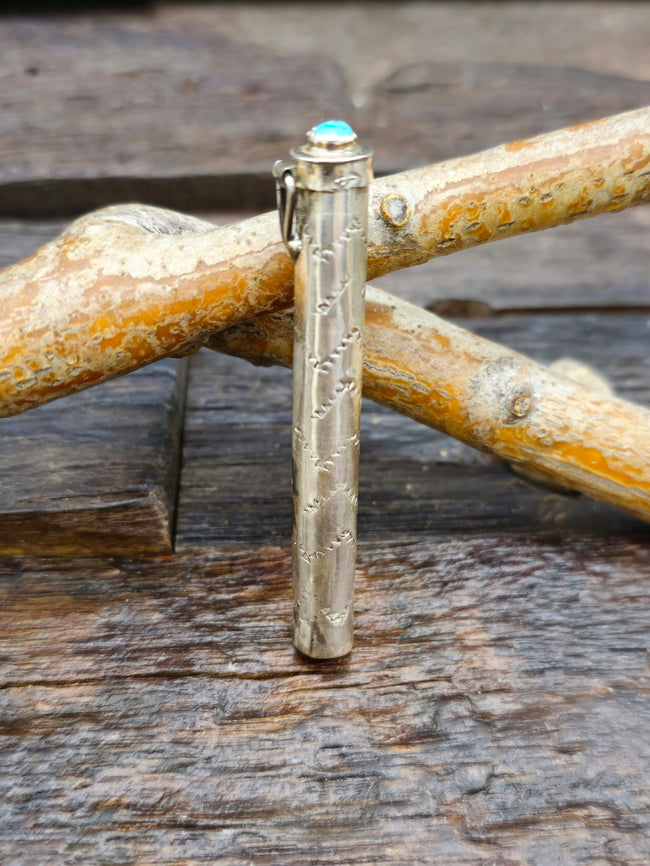 Stamped Sterling Silver Toothpick Holder with Turquoise by Virginia Sandoval