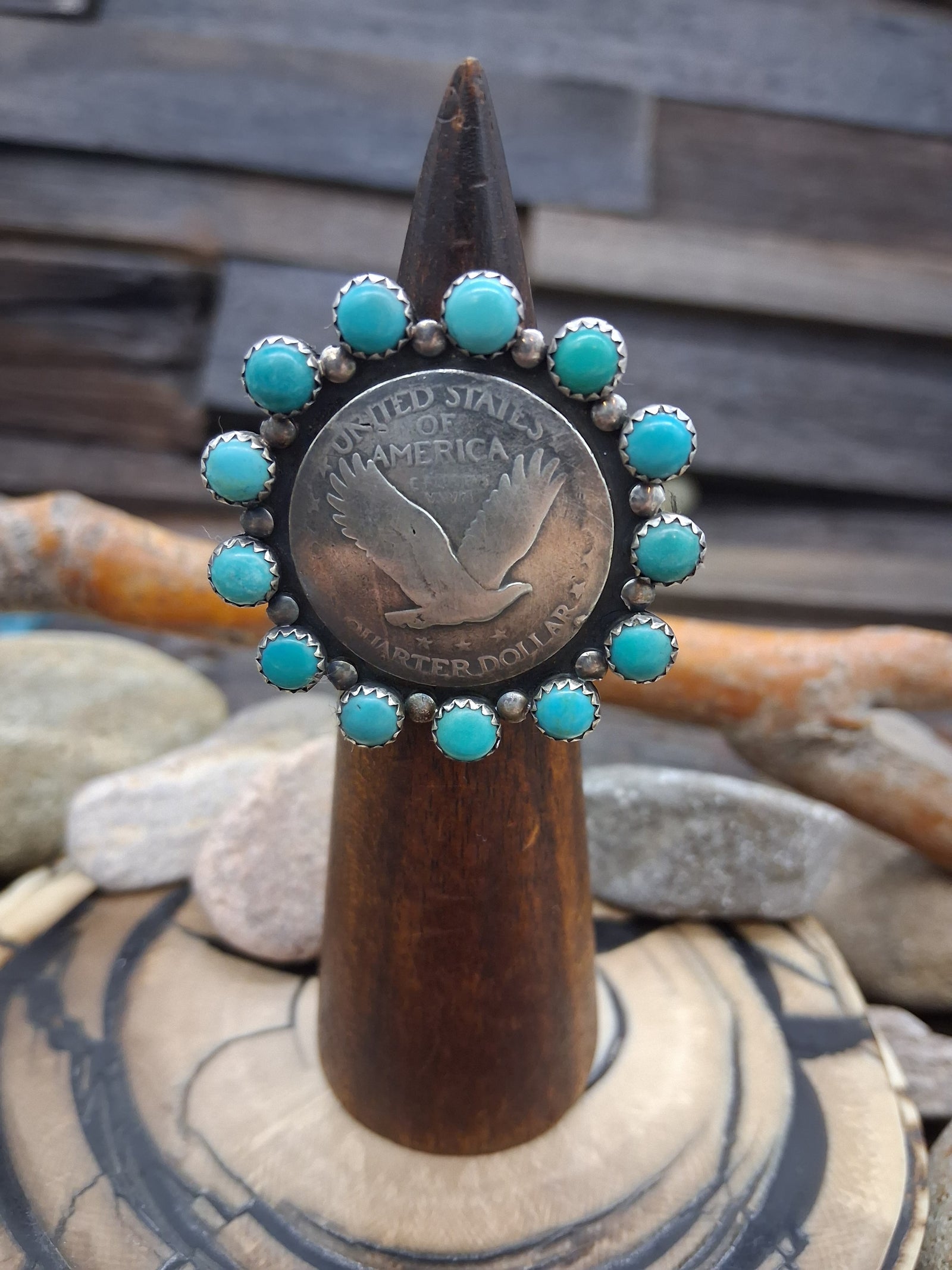 Blue Turquoise Quarter Eagle Coin Sterling Silver Ring Size 8 by Lawrence Archuleta