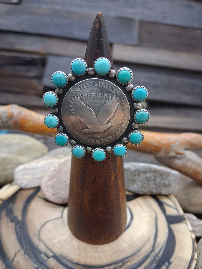 Blue Turquoise Quarter Eagle Coin Sterling Silver Ring Size 8 by Lawrence Archuleta