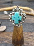 Repousse Stamped Sterling Silver Green Turquoise Santa Fe Cross Ring by Richard Jim - Adjustable