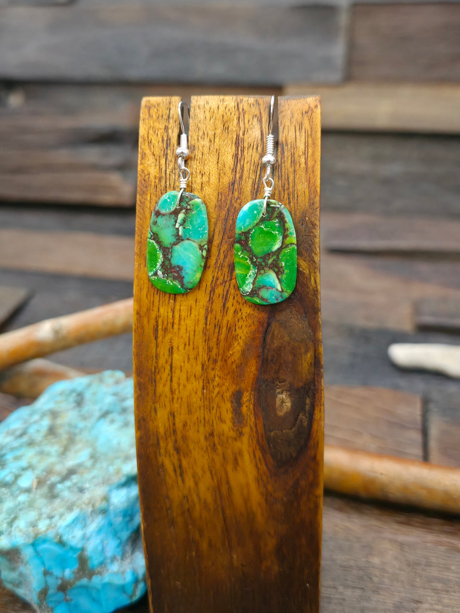 Oval Blue and Green Compressed Turquoise Slab Earrings by Jameson Pete - 2 in. by 3/4 in.