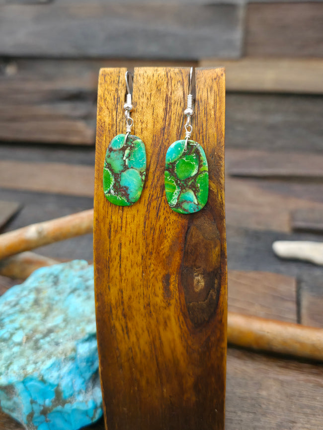 Oval Blue and Green Compressed Turquoise Slab Earrings by Jameson Pete - 2 in. by 3/4 in.