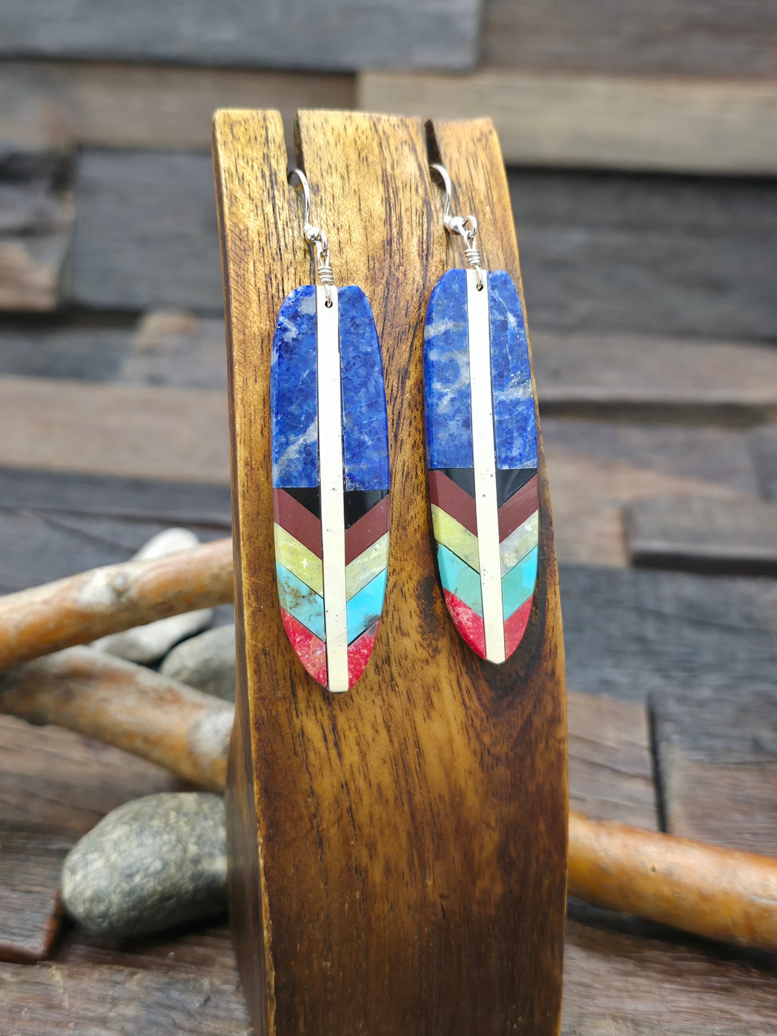 Mosaic Inlay Feather Earrings by Rudy Coriz. - Lapis - 2 3/4 in. by 5/8 in.