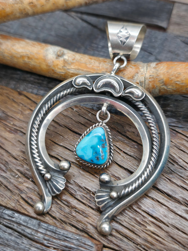 Stamped Sterling Silver Turquoise Naja Pendant by Derrick Gordon - 3 1/2 in. by 2 1/4 in.