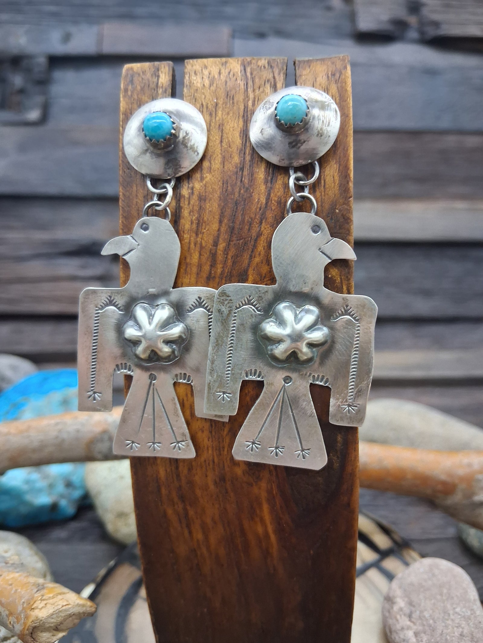 Sterling Silver Turquoise Bead Stamped Eagle Post Dangle Earrings by Roberta Yazzie