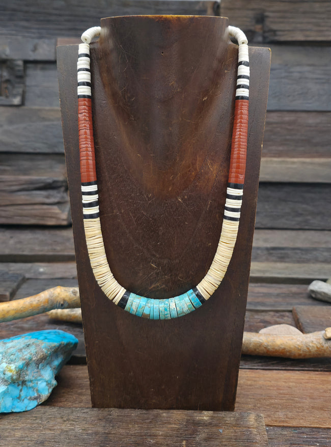 Graduated Heishi Necklace with Melon Shell, Pipestone, Turquoise, and Clam Shell by Torevia Crespin - 17 in.