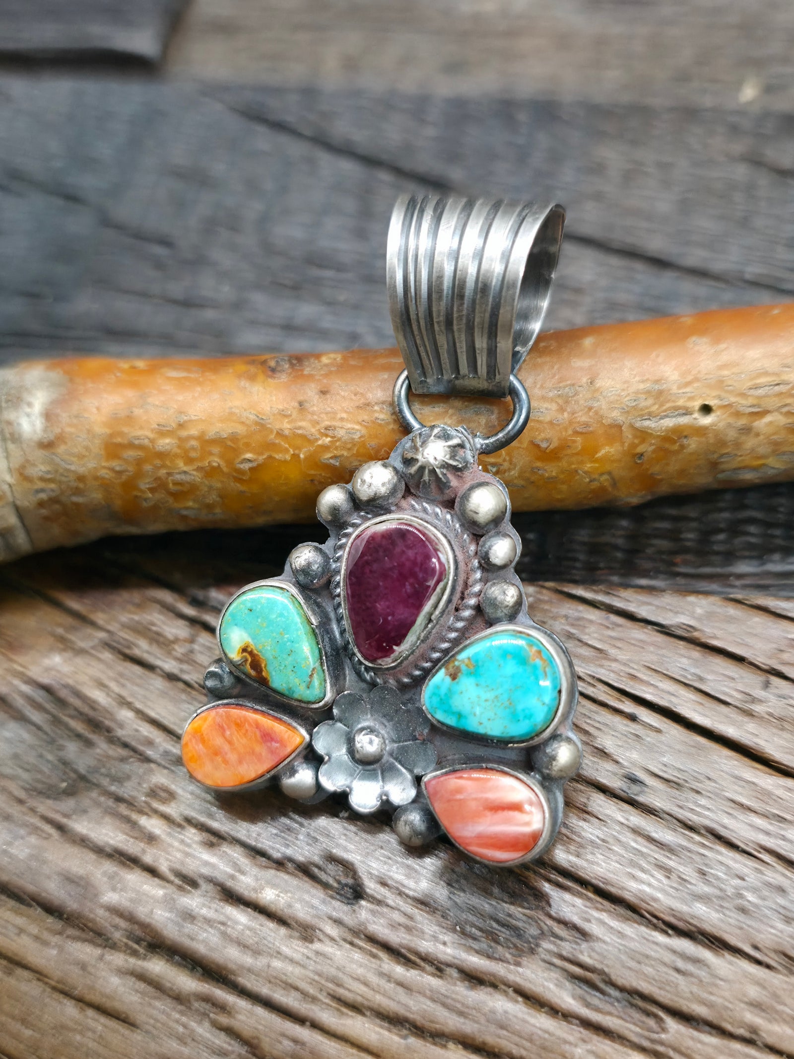 Sterling Silver Orange and Purple Spiny and Blue Gem Turquoise Half Cluster Pendant by LaRose Ganadanegro - 1 3/4 in. by 1  1/4 in.