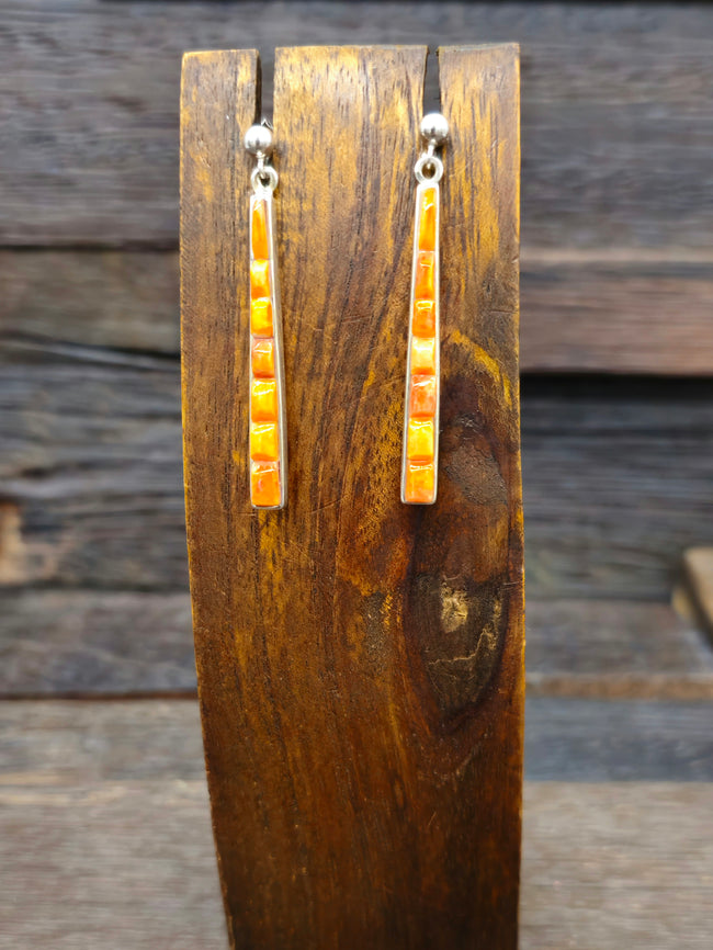 Sterling Silver Orange Spiny Oyster Cobblestone Inlay Post Dangle Earrings by Rick Tolino