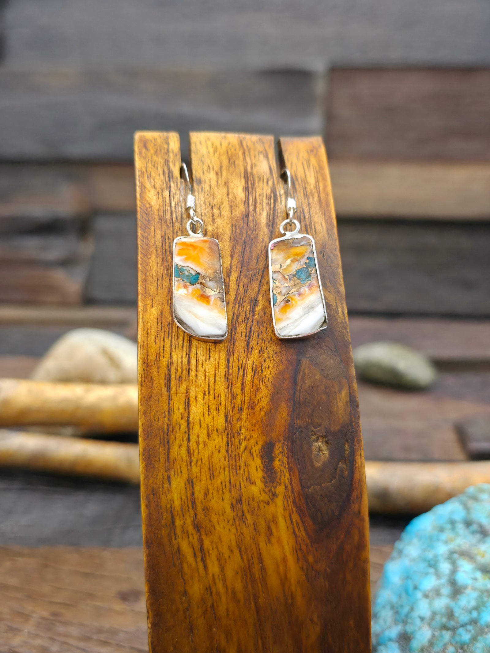 Sterling Silver Turquoise and Spiny Composite Slab Earrings by Veronica Tortalita