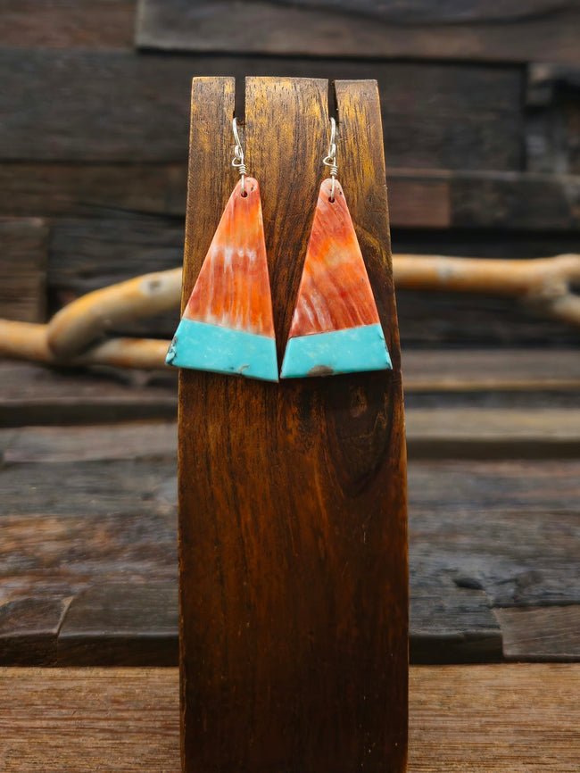Orange Spiny Oyster and Turquoise Earrings by Marcella Castillo - 2 1/4 in
