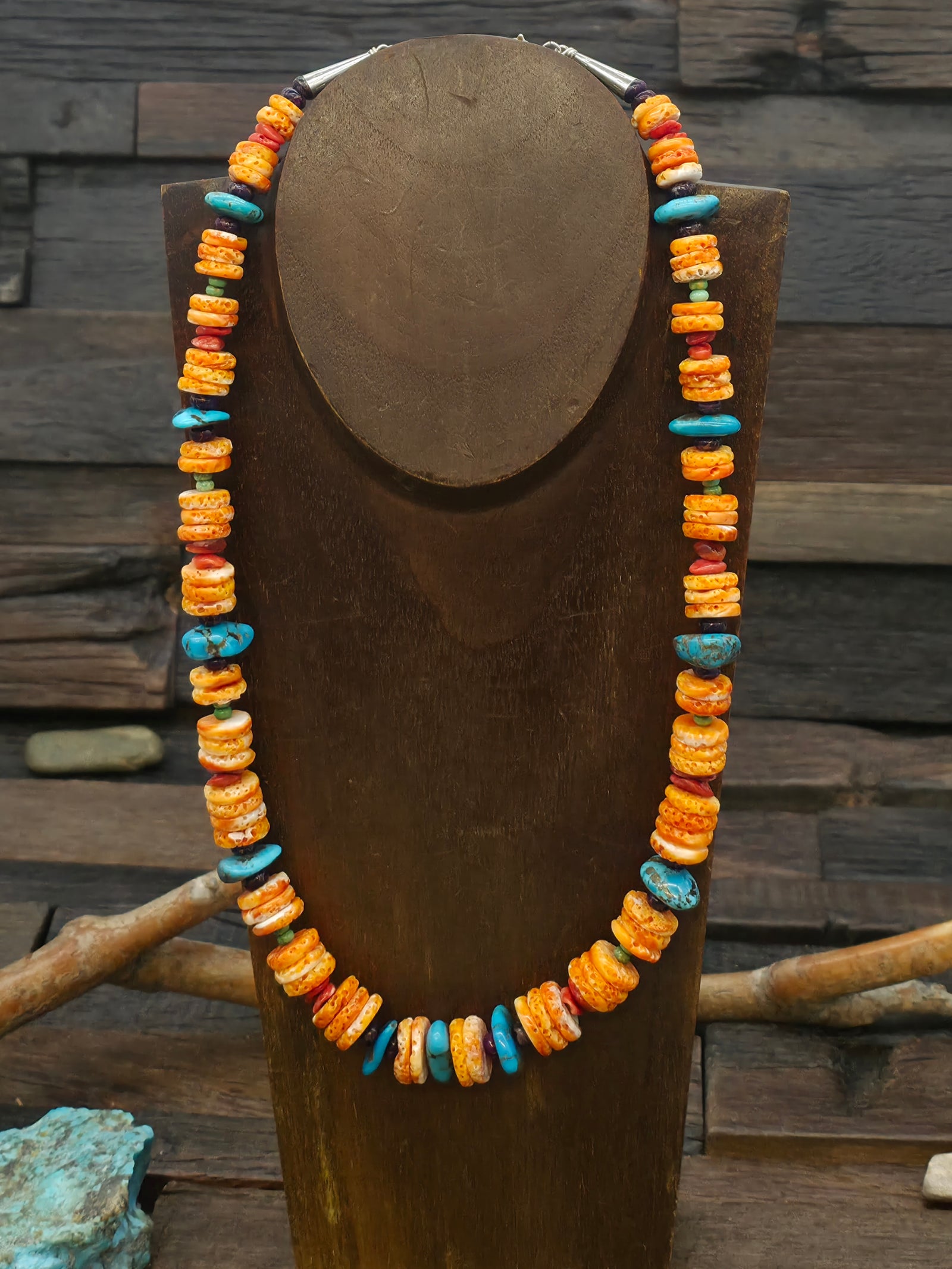 Orange Spiny Oyster and Turquoise Mixed Bead Necklace - 22 in. plus 2 1/2 in. Extender