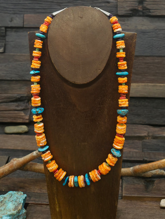 Orange Spiny Oyster and Turquoise Mixed Bead Necklace - 22 in. plus 2 1/2 in. Extender