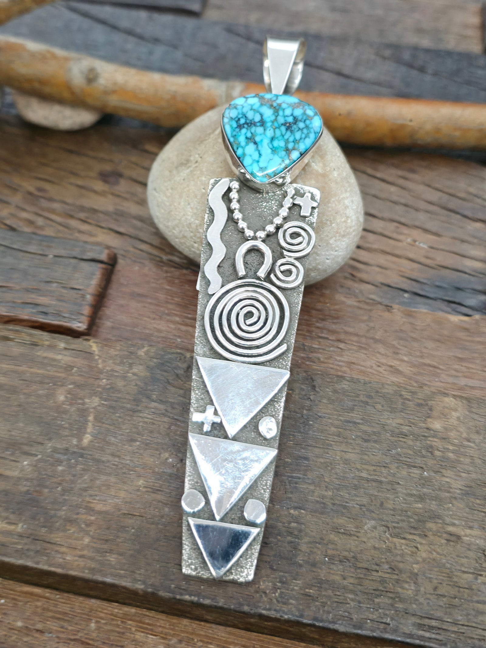 Sterling Silver & Kingman Turquoise Pendant by Alex Sanchez - 5 1/4 in. by 1 in.