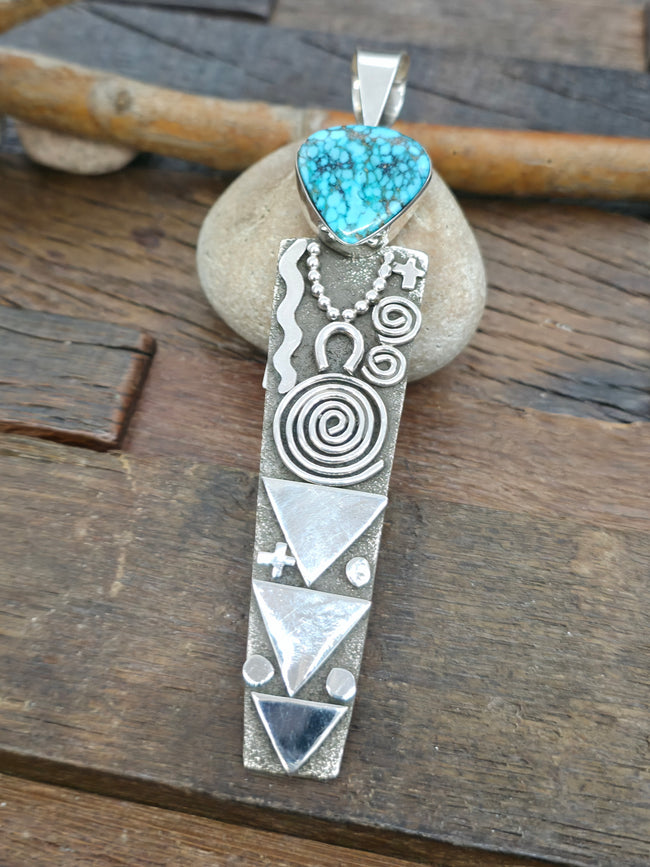Sterling Silver & Kingman Turquoise Pendant by Alex Sanchez - 5 1/4 in. by 1 in.