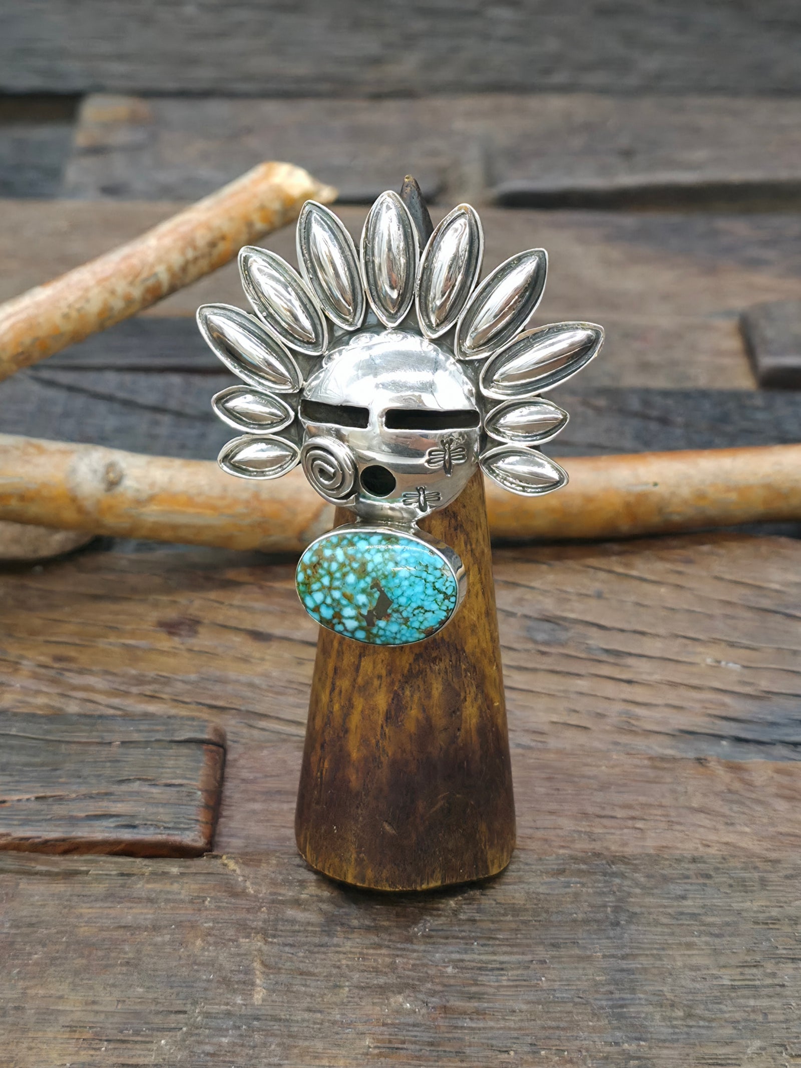 Sterling Silver Kingman Turquoise Kachina Ring by Alex Sanchez - Size 8