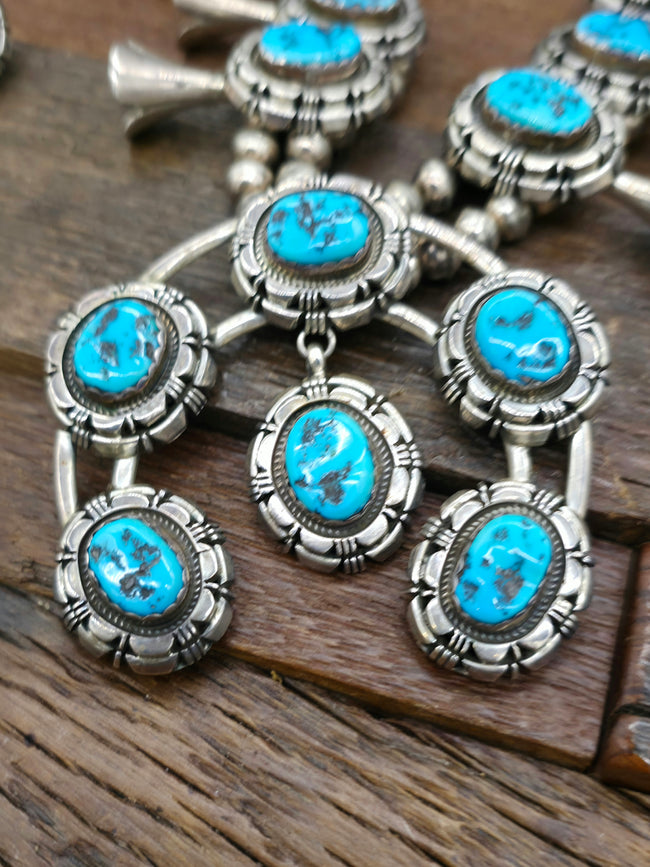 Vintage/Estate Sterling Silver Kingman Turquoise Four Piece Squash Blossom Set