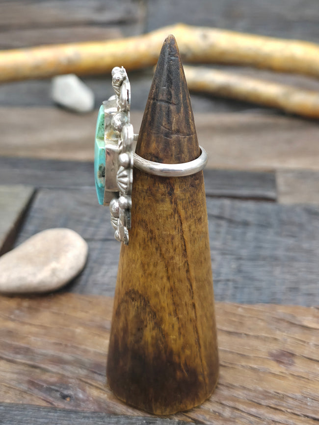 Repousse Stamped Sterling Silver Green Turquoise Santa Fe Cross Ring by Richard Jim - Adjustable