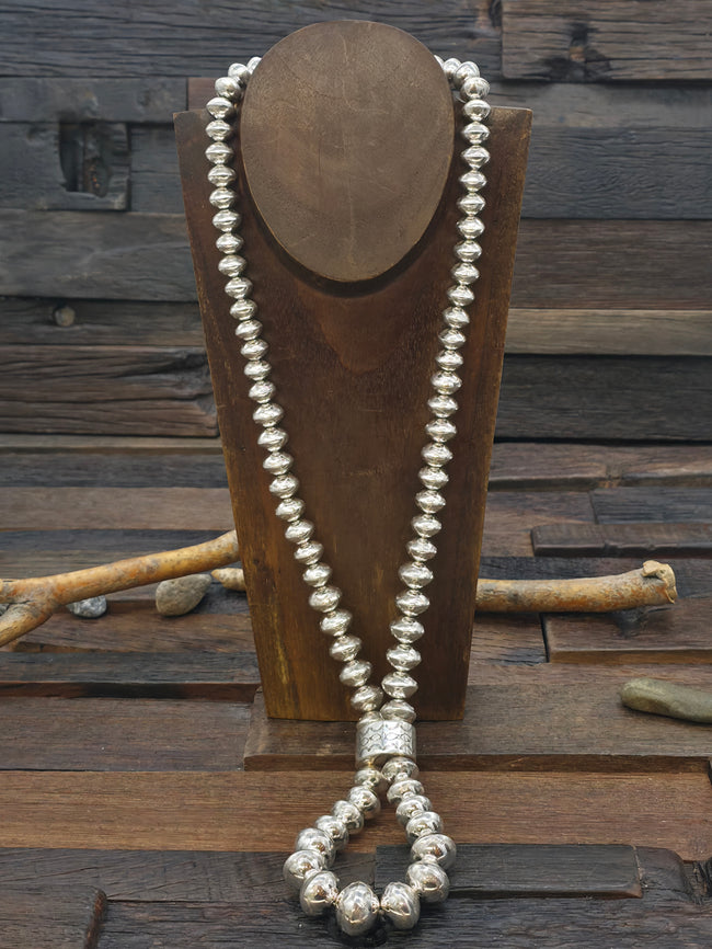 High Shine Stamped Sterling Silver Bead Necklace by Jeffrey Castillo - 28 in. with 4 in. Drop