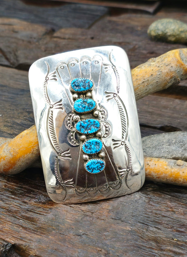 Stamped Sterling Silver and Turquoise Belt Buckle by Jolene Begay - 3" by 2"