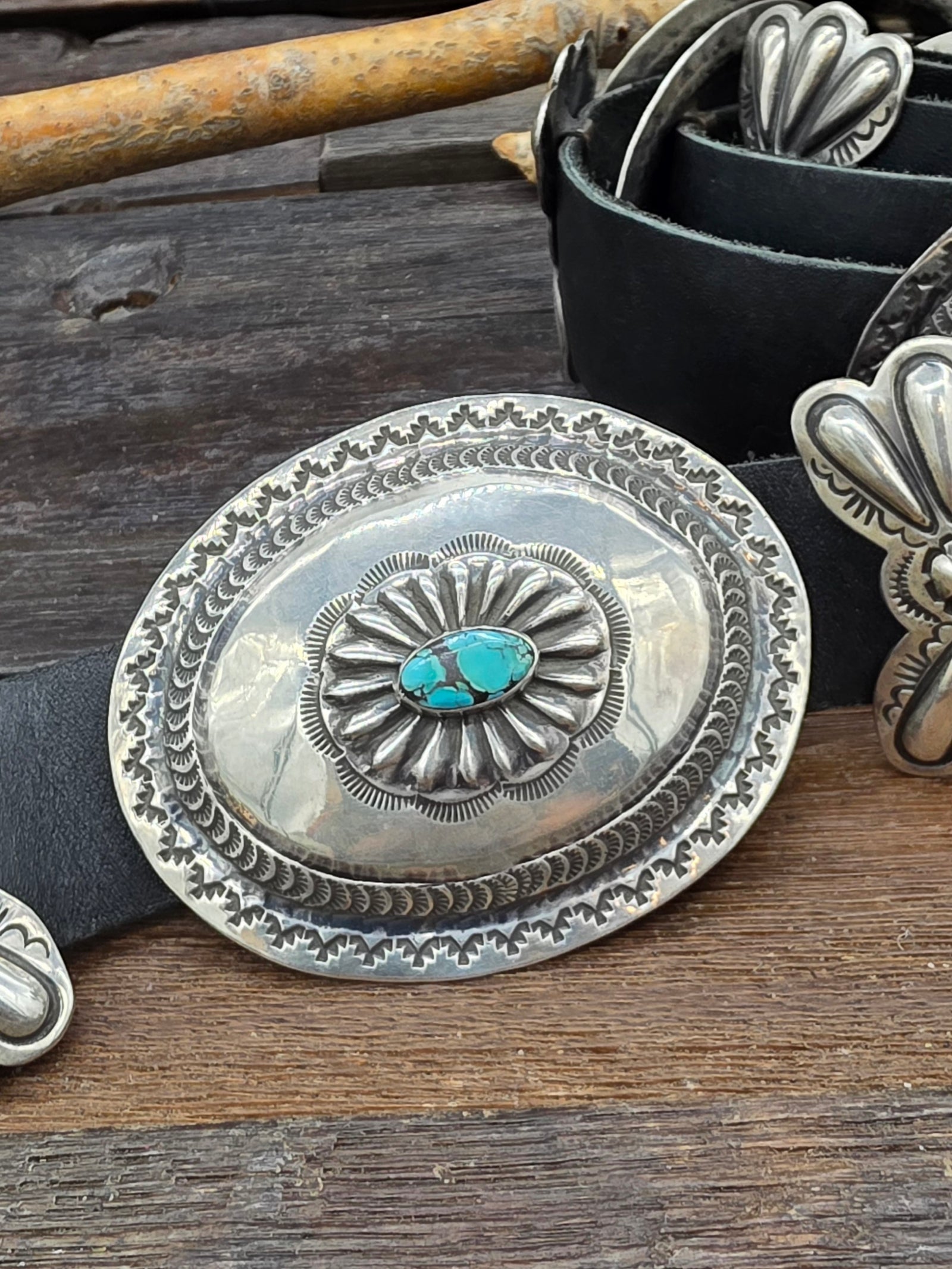 Vintage/Estate Stamped Sterling Silver Turquoise Concho Belt by Gilbert Tom - 46 in.