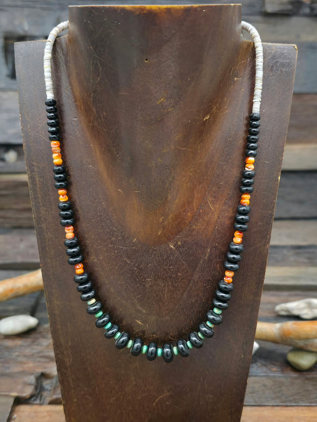 Turquoise, Jet, and Spiny Oyster Necklace - 19 in.