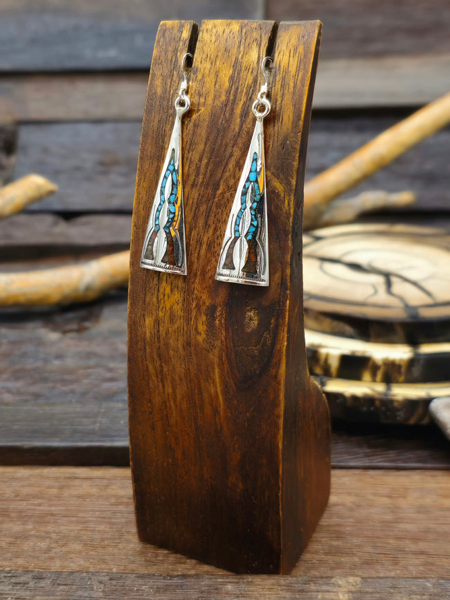 Sterling Silver Chip Inlay Turquoise and Coral Earrings by Joleen Yazzie