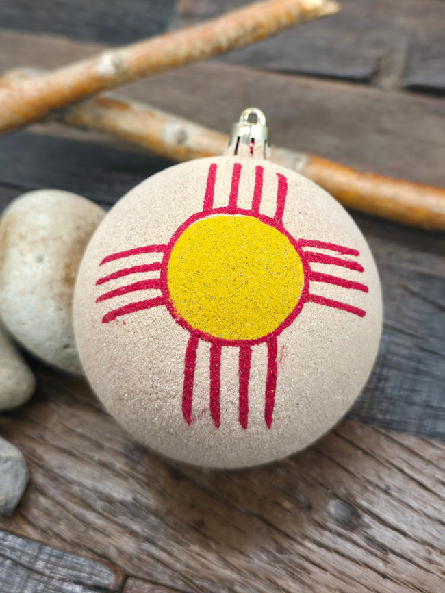 Large Sand Painting Christmas Ornament Bauble by Bingo Smith - Zia Yellow and Red