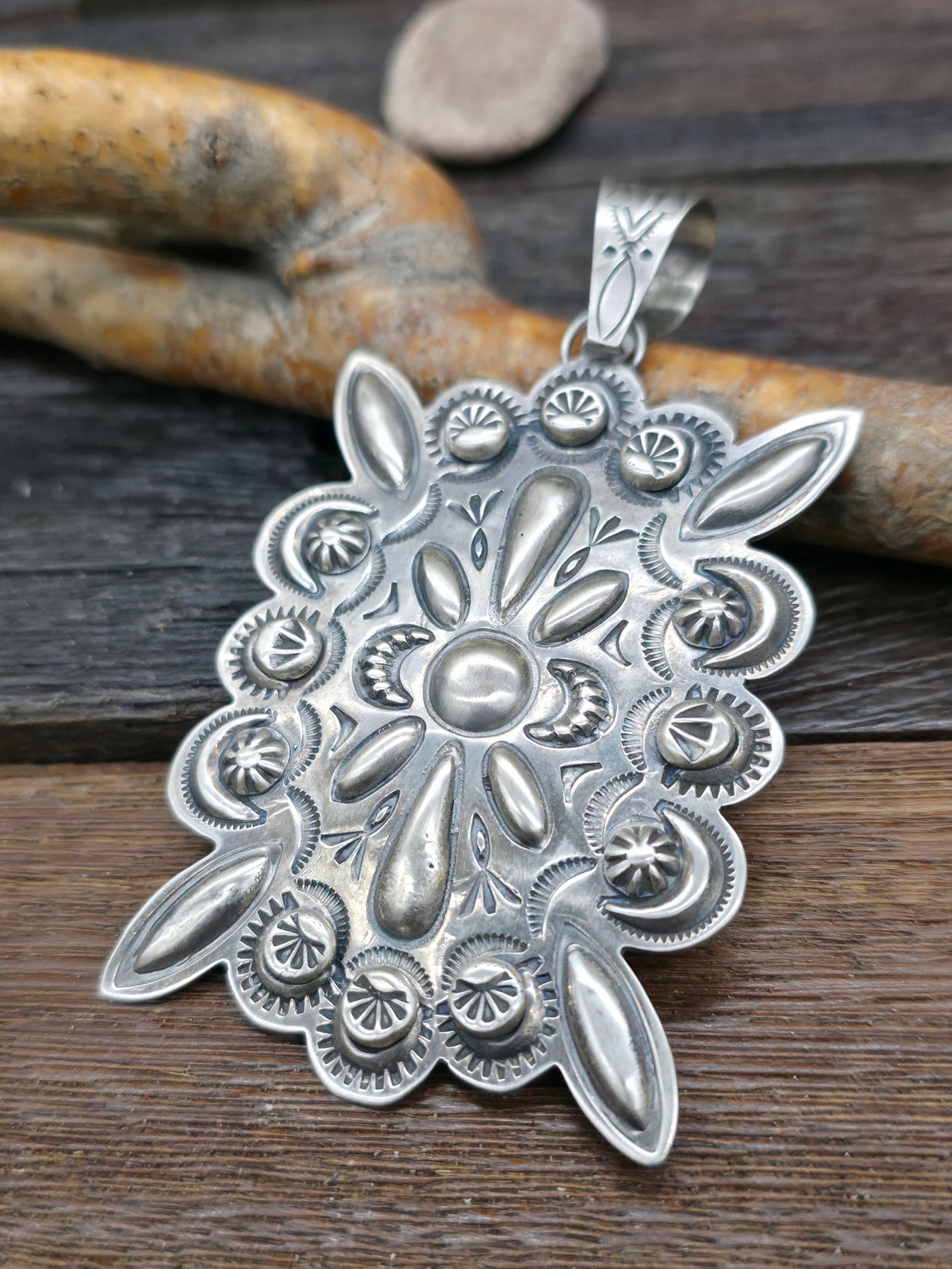 Stamped Sterling Silver Pendant by Dean Sandoval Jr. - 3 in. by 2 in.