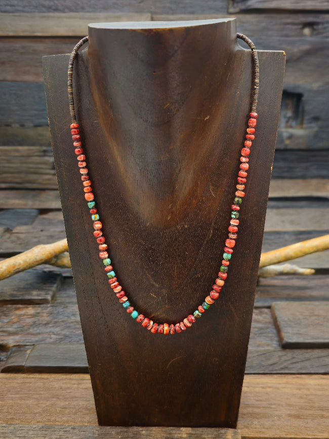 Red Spiny Oyster, Turquoise, and Heishi Necklace  18 in.