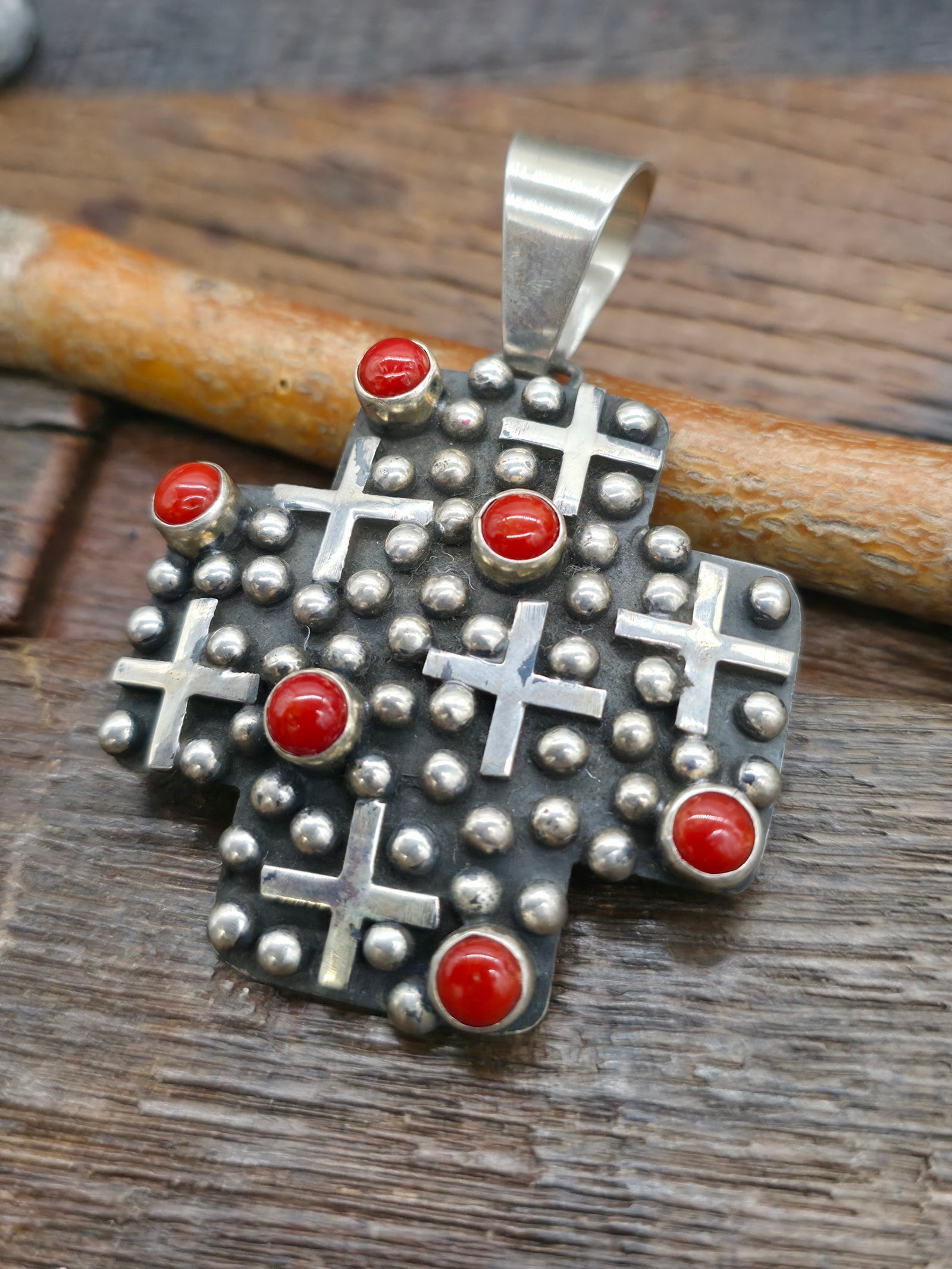 Sterling Silver Raindrop Santa Fe Cross Pendant with Coral by Geneva Apachito