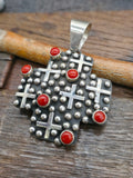Sterling Silver Raindrop Santa Fe Cross Pendant with Coral by Geneva Apachito