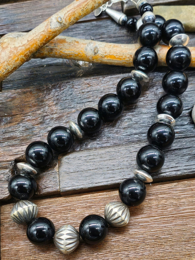 Sterling Silver and Black Onyx Bead Necklace by Fred Archuleta - 20 in.