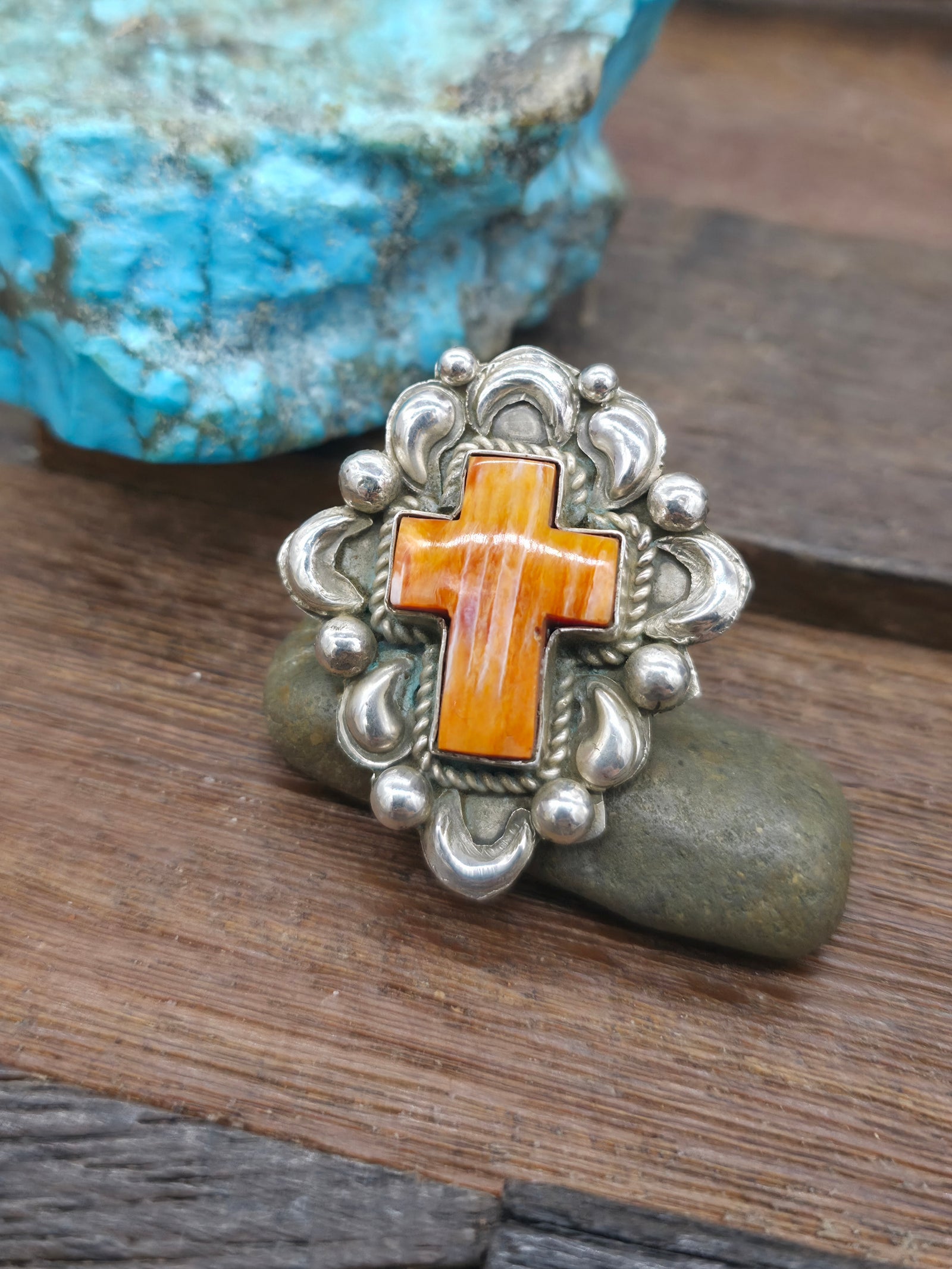 Repousse Stamped Sterling Silver Orange Spiny Cross Ring by Richard Jim - Adjustable