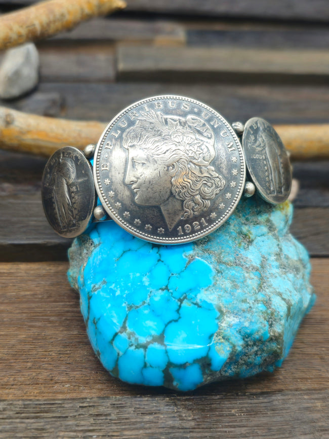 Sterling Silver Cuff with Liberty Dollar and Two Quarters by L. Archuleta - 6 3/4 in.