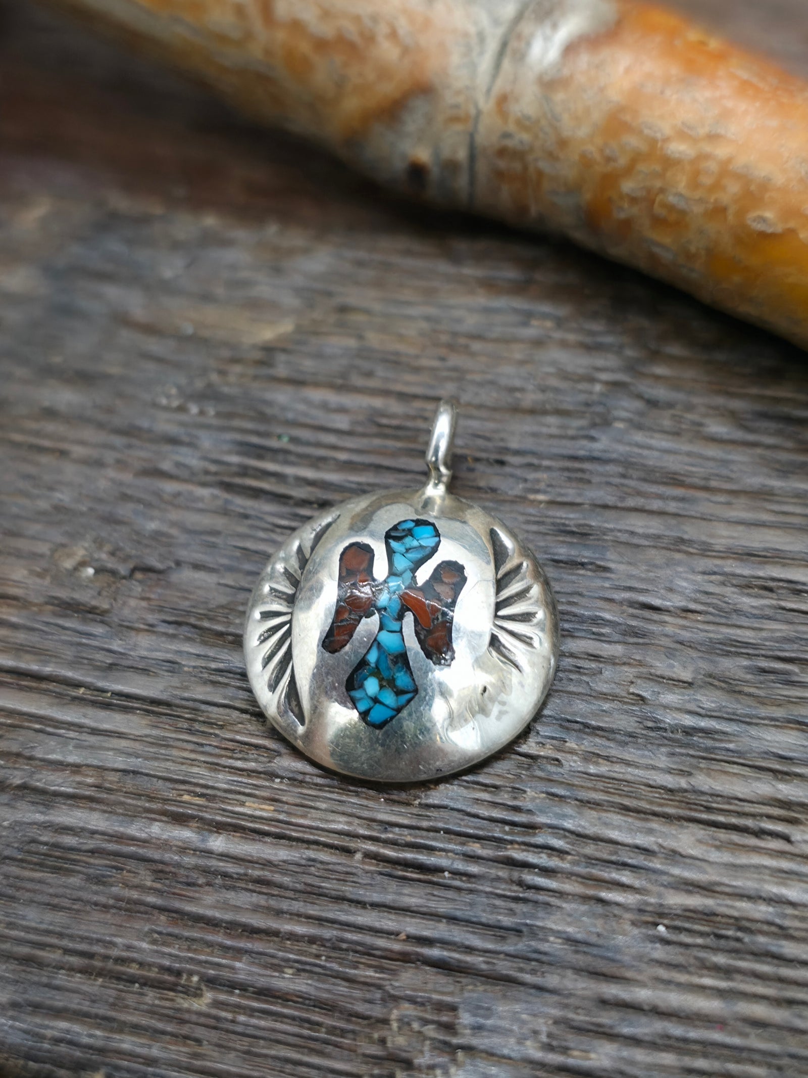 Sterling Silver Angel Pendant with Turquoise and Coral Chip Inlay