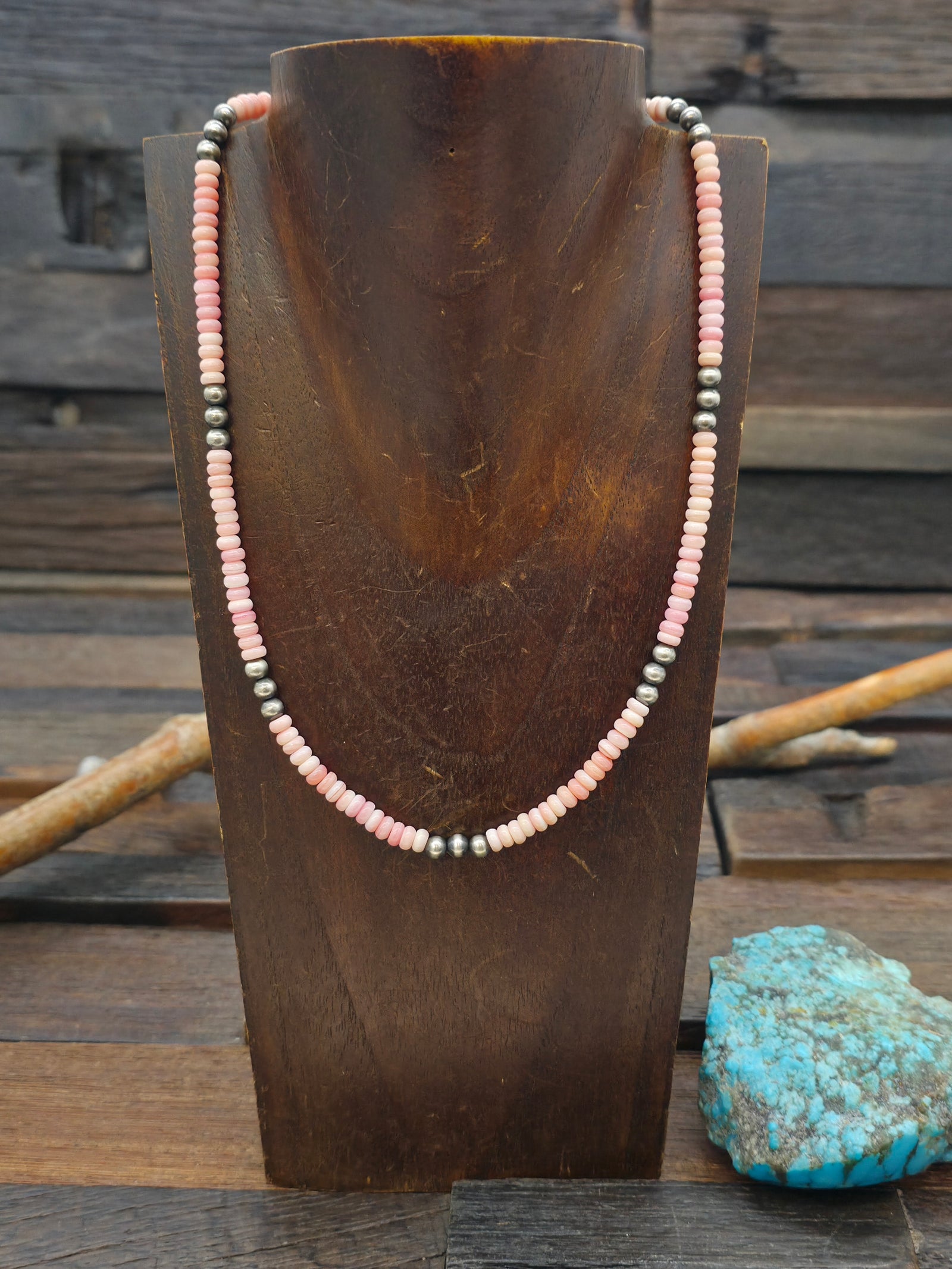 Pink Conch and Sterling Silver Bead Necklace - 19 in.