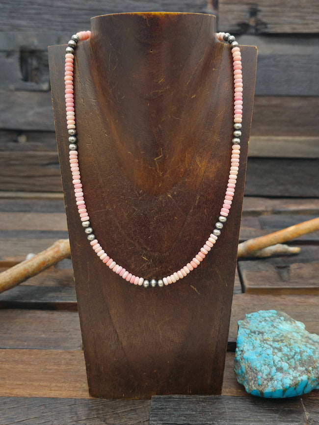 Pink Conch and Sterling Silver Bead Necklace - 19 in.