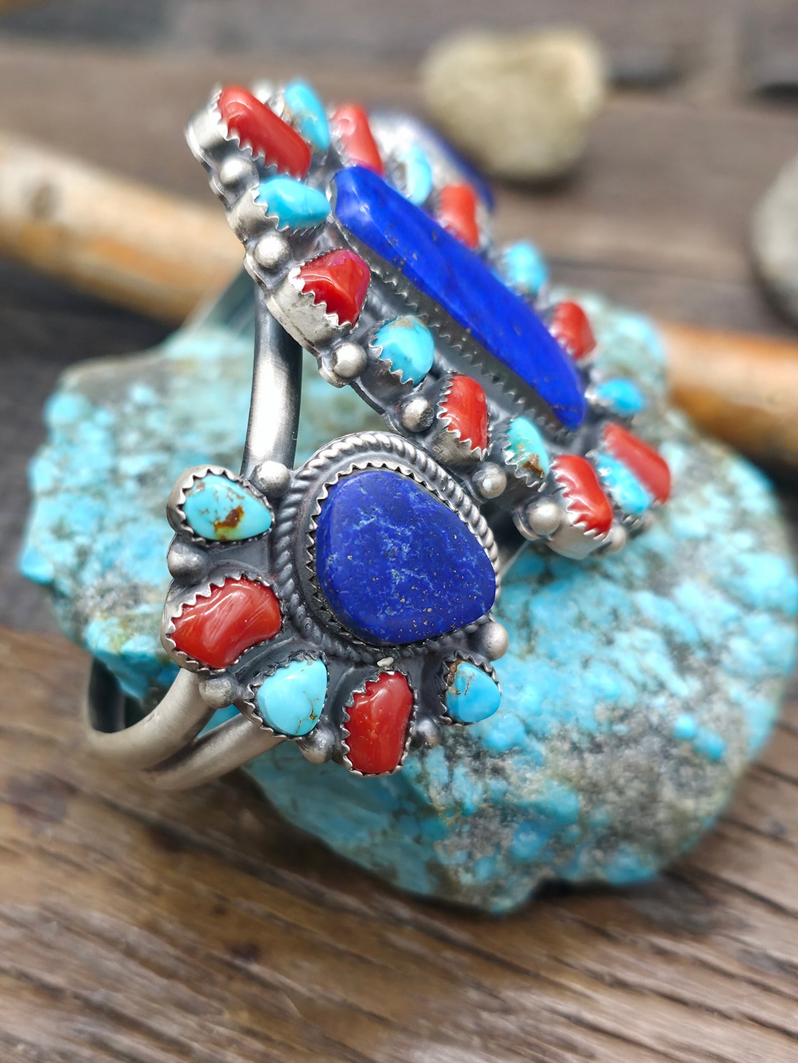 Sterling Silver Lapis, Coral, and Blue Gem Turquoise Cluster Cuff by LaRose Ganadanegro - 6 1/2 in. with Gap
