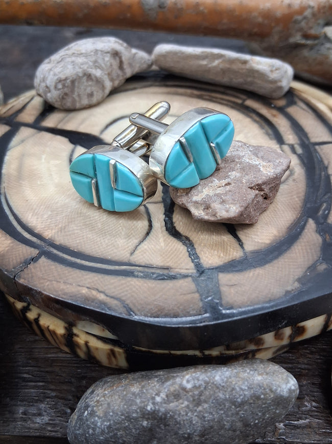 Sterling Silver and Turquoise Cobblestone Inlay Cufflinks by Edison Yazzie