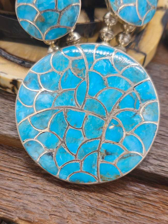 Sterling Silver and Turquoise Inlay Lariat Necklace and Earring Set by Lynette Johnson