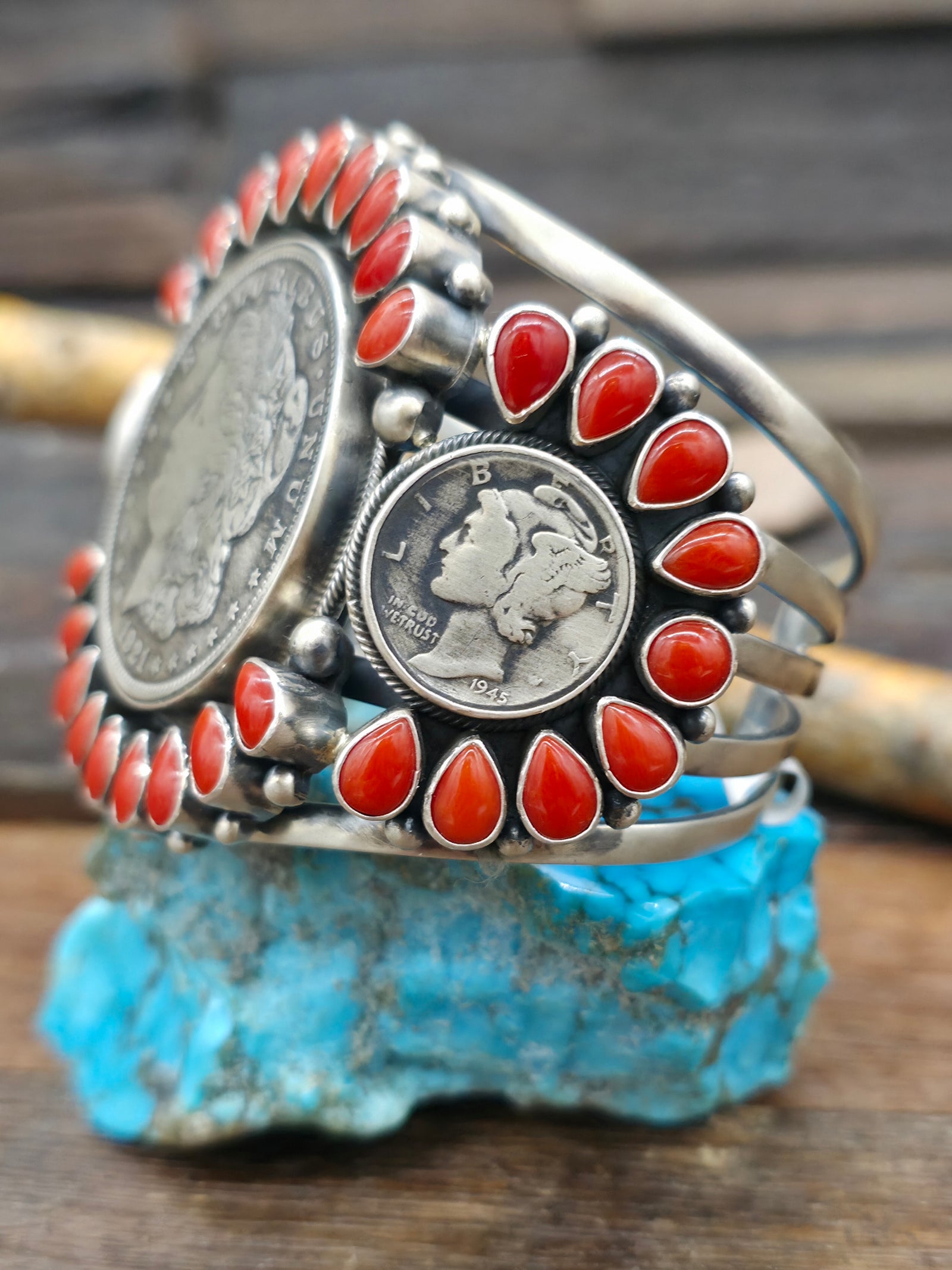 Liberty Dollar and Mercury Dime Coin Silver Cuff with Coral by Mark Yazzie - 6 3/4 in. w/Gap